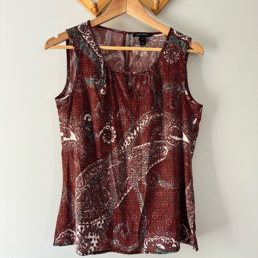 St. John Red Black and White Silk Blouse NWOT Size Small